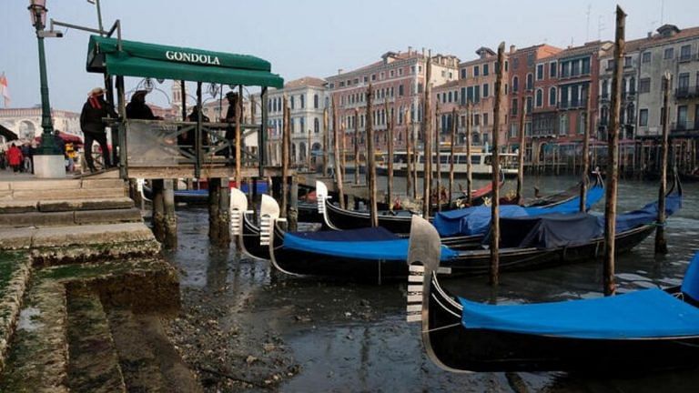 Venice canals run dry: Visuals of grounded gondolas, water taxis show low water levels