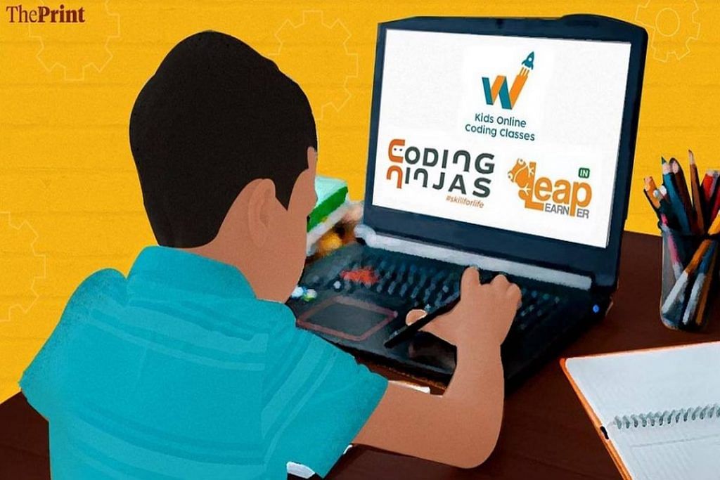 Illustration of a child attending an online coding class in India