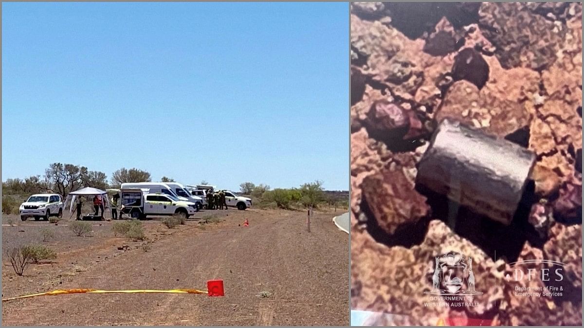 View of the area where the radioactive capsule was found (left). Image of the capsule lying on the ground (right) | Western Australian Department Of Fire And Emergency Services/Handout via Reuters