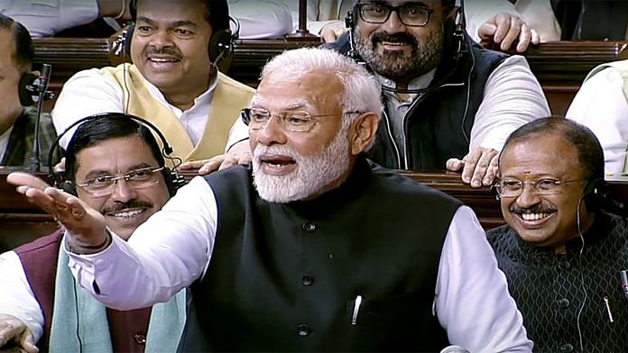 Prime Minister Narendra Modi speaks at the discussion on the Motion of Thanks on the President's address in Rajya Sabha during the Budget Session of Parliament, in New Delhi on Thursday. | ANI/SansadTV