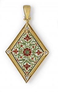 Pendant, Ghuma Singh, Jaipur, Rajasthan, India, c. 1879, European-style enameled gold mount set with four diamonds with glass backing. Image courtesy of the Los Angeles County Museum of Art.
