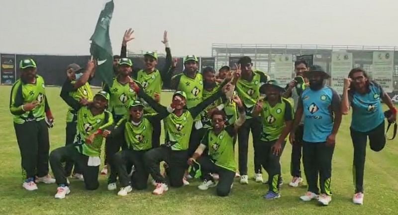 The Pakistan blind cricket team celebrating their 58-run win against India in the triangular series in Bangladesh on 3 April, 2021 | Twitter | @SajSadiqCricket