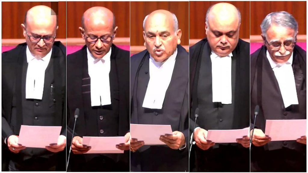 (L-R) Justices Manoj Misra, Sanjay Kumar, Pankaj Mithal, Ahsanuddin Amanullah and Sanjay Karol | Twitter @ANI