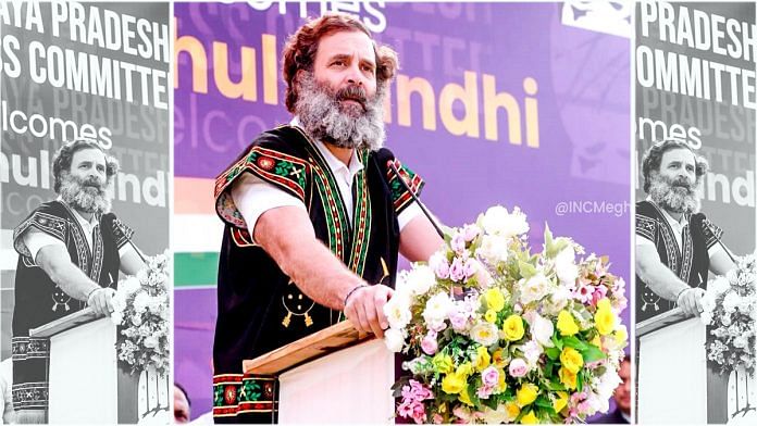 Congress leader Rahul Gandhi addresses a public rally in Shillong on Wednesday | Twitter | @INCMeghalaya