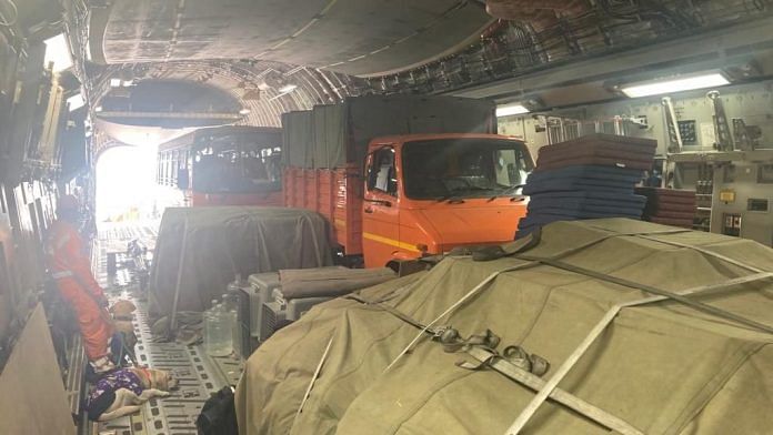 A C-17 aircraft containing search and rescue equipment, along with NDRF teams left for Turkey on 7 February 2023 | Photo: Twitter/@MEAIndia