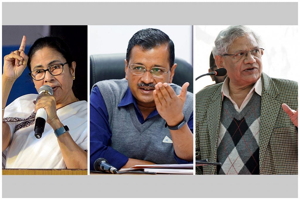 West Bengal Chief Minister Mamata Banerjee, Delhi CM Arvind Kejriwal and CPM general secretary Sitaram Yechury | ANI