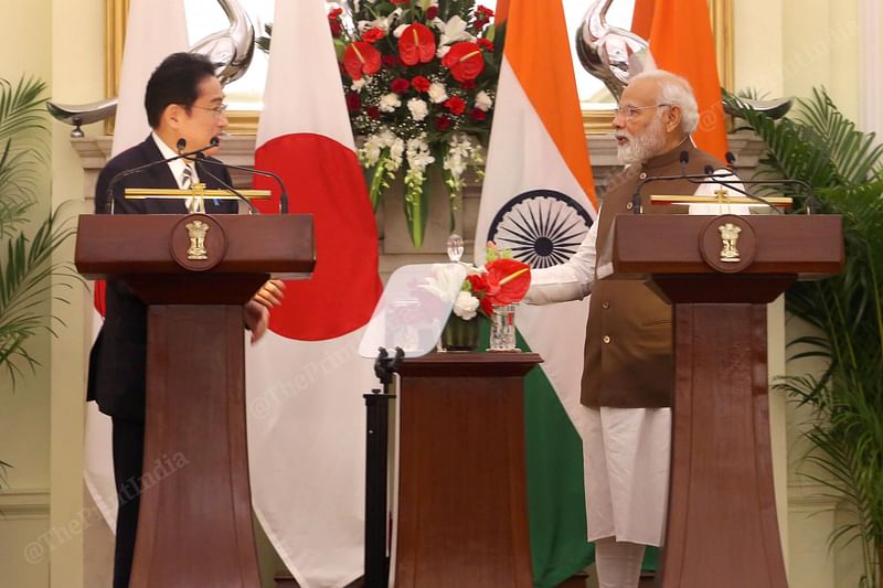 Prime Minister Narendra Modi with Japanese Prime Minister Fumio Kishida at the joint media briefing at Hyderabad House | Photo: Praveen Jain | ThePrint