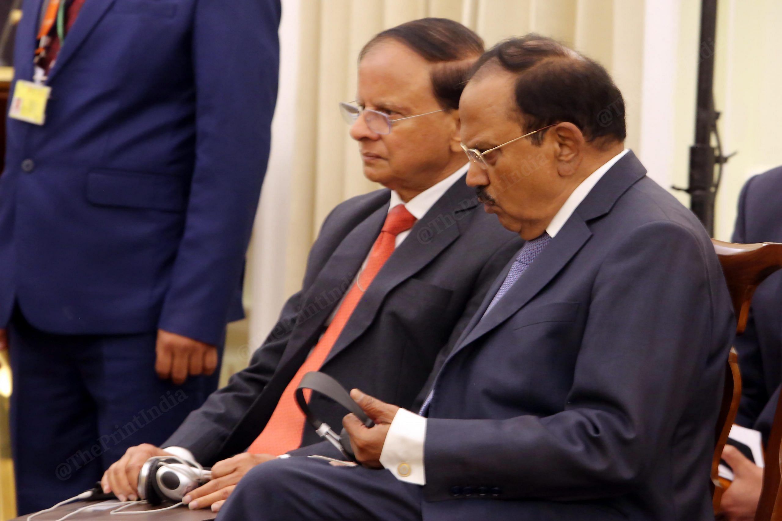 P.K. Mishra, principal secretary to the Prime Minister of India, and National Security Adviser Ajit Doval at the Modi-Meloni press conference at Hyderabad House | Praveen Jain | ThePrint