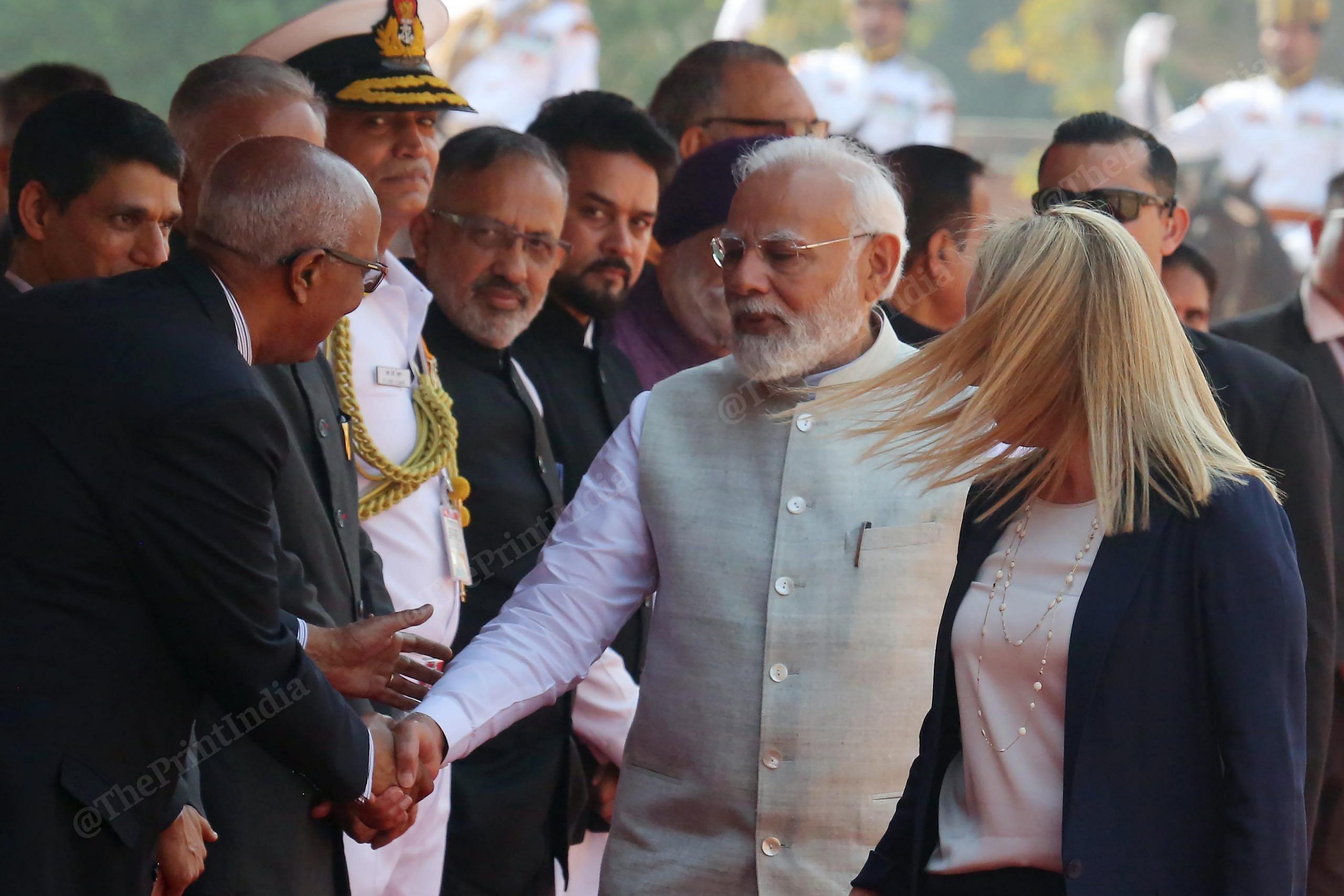 PM Narendra Modi introducing Italian PM Giorgia Meloni to civil servants during her ceremonial reception | Praveen Jain | ThePrint