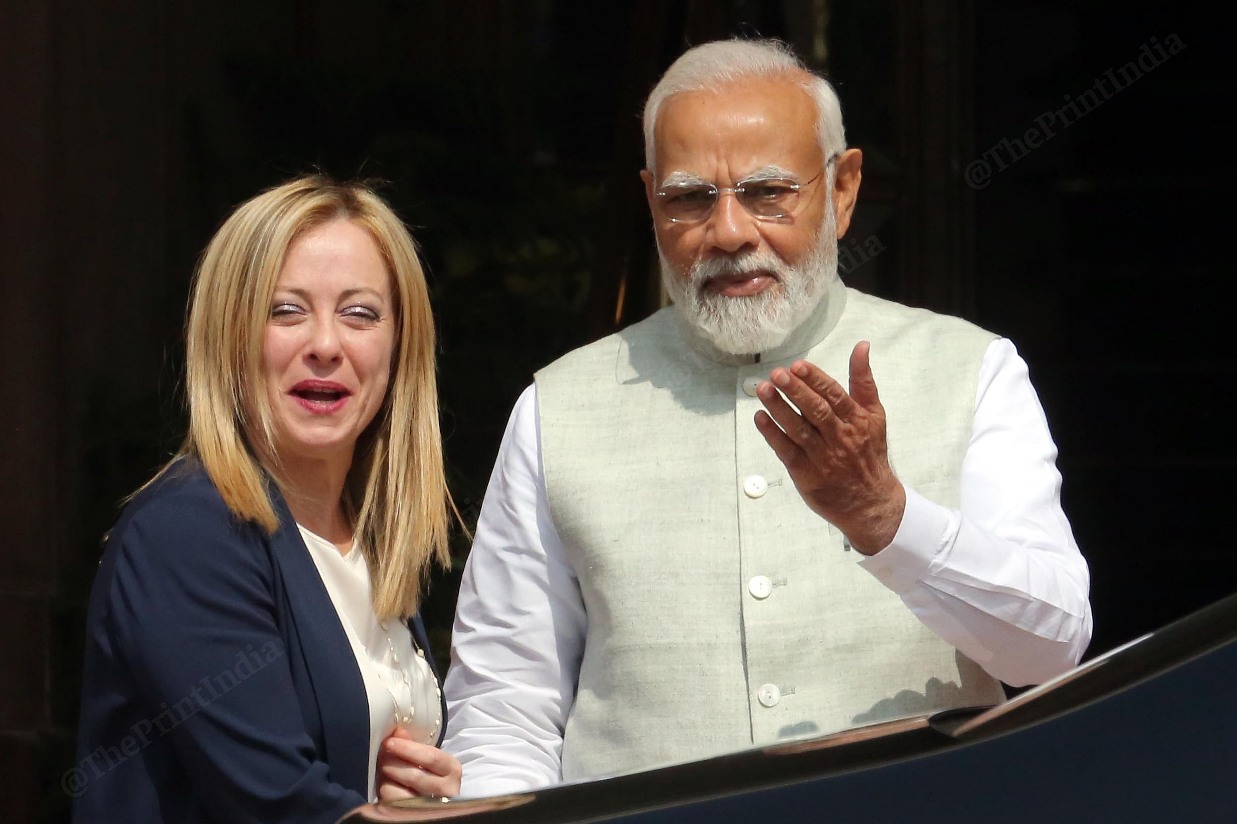 Prime Minister Narendra Modi greets his Italian counterpart Giorgia Meloni upon her arrival at Hyderabad House | Praveen Jain | ThePrint