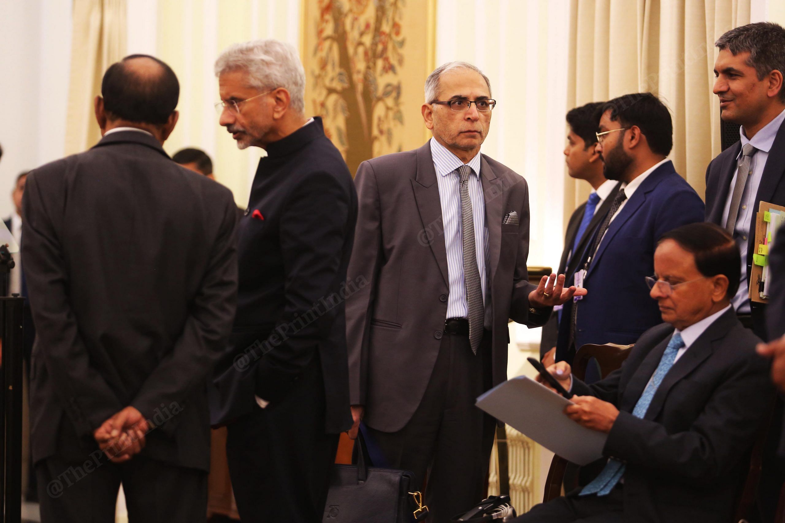 From left to right- NSA Ajit Doval talking to EAM Jaishankar, while foreign secretary Vinay Mohan Kwatra and Principal secretary to the PM P.K. Mishra look for place to sit before the signing agreement event | Photo: Praveen Jain | ThePrint
