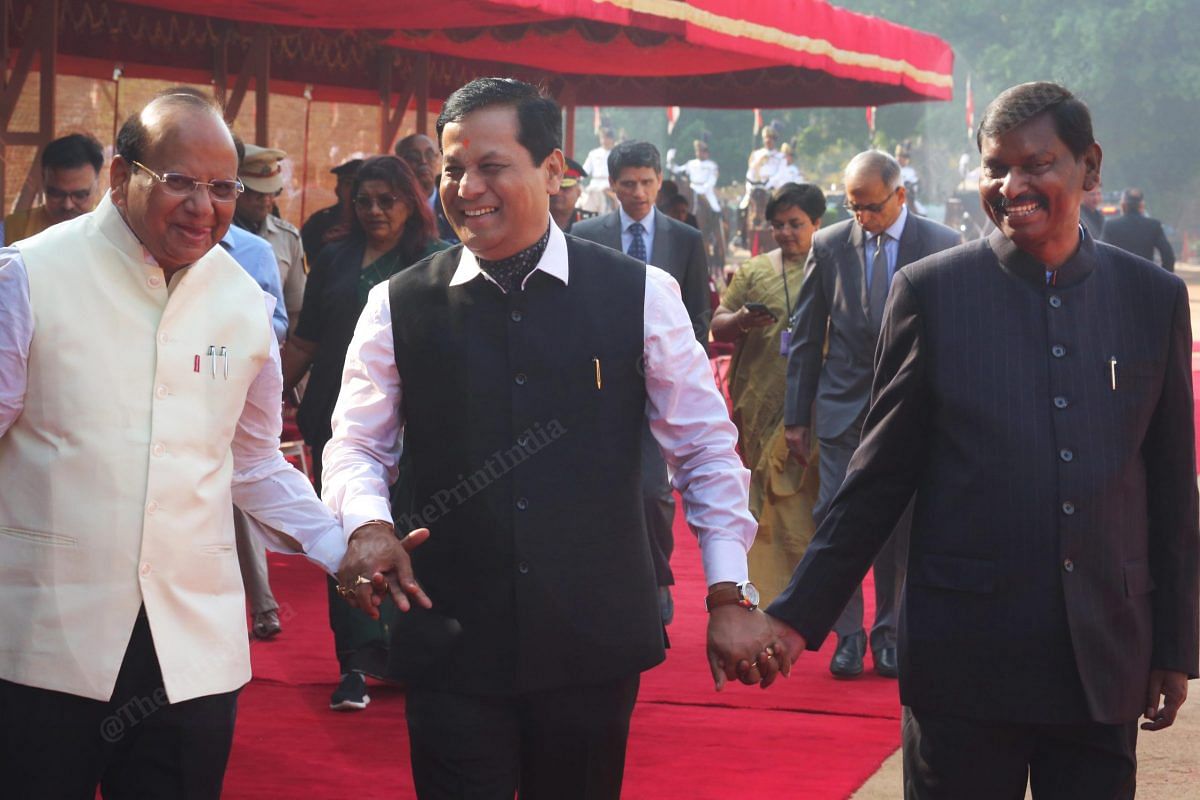  Lieutenant Governor of Delhi Vinai Kumar Saxena, AYUSH minister Sarbananda Sonowal, and Tribal affairs minister Arjun Munda after the ceremonial reception | Photo: Praveen Jain | ThePrint