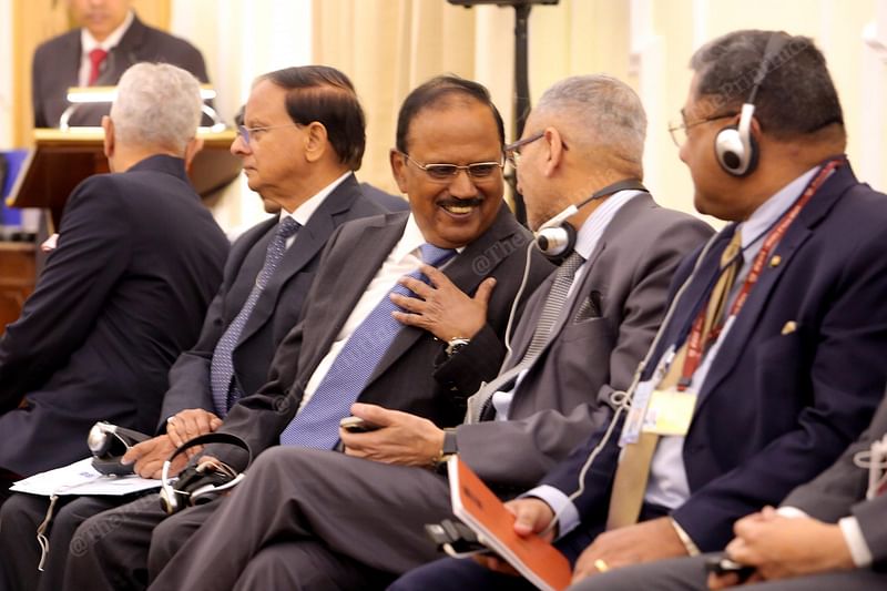 Doval in conversation with Indian foreign secretary Vinay Mohan Kwatra during Monday's press briefing at Hyderabad House | Photo: Praveen Jain | ThePrint