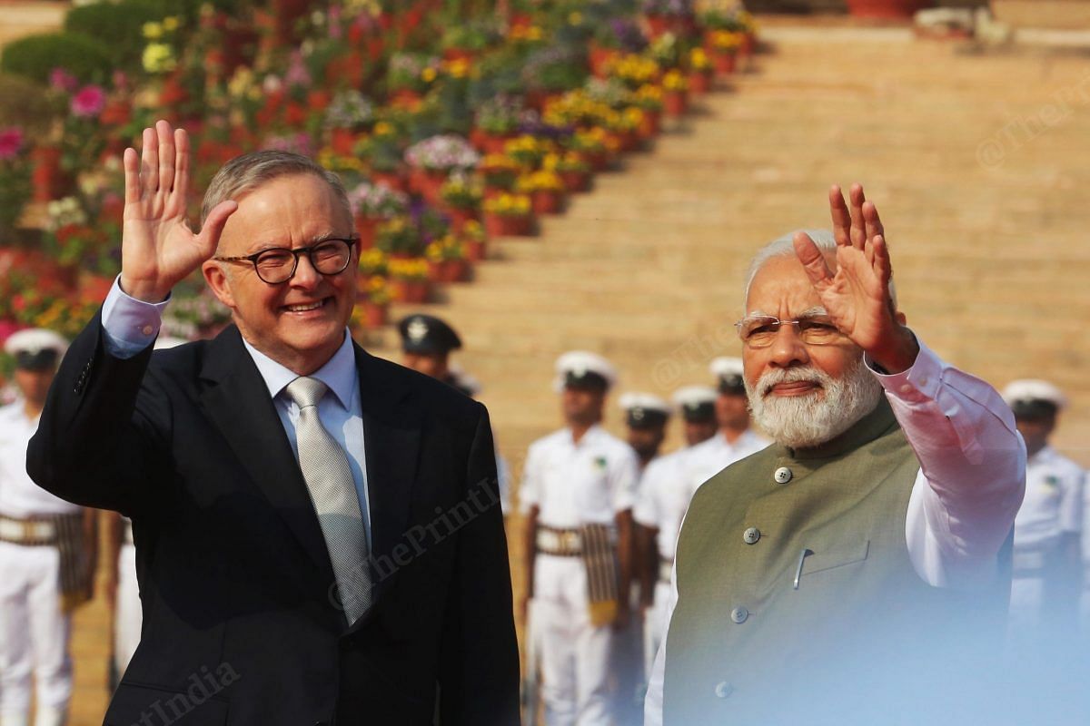 Both the prime ministers Anthony Albanese and Narendra Modi waves hand at the media | Photo: Praveen Jain | ThePrnt
