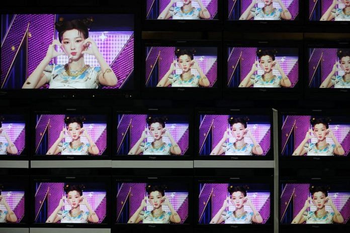 Footages of virtual girl group MAVE is played at the control room of MBC in Seoul, South Korea, on 28 February 2023 | Photo: Reuters