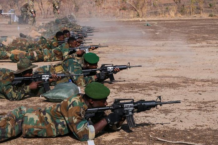 Ghanaian military personnel train shooting during the annual counter-terrorism program called 