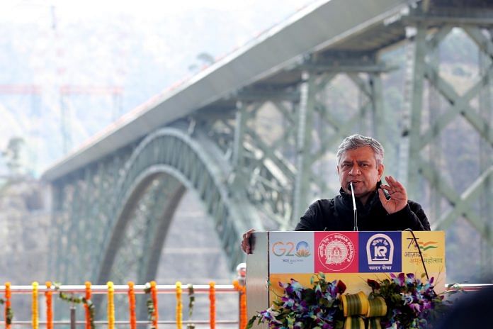 Union Minister of Railways Ashwini Vaishnaw addresses a gathering during his visit to the Chenab Bridge as India's first cable-stayed rail bridge on Anji river in Jammu nears completion, Sunday | ANI