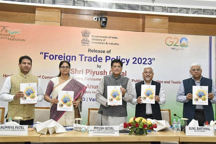 Union Minister for Commerce and Industry Piyush Goyal releases Foreign Trade Policy 2023 along with Minister of State for Commerce and Industry Anupriya Patel and Commerce Secretary Sunil Barthwal in New Delhi Friday | Twitter | @PiyushGoyal
