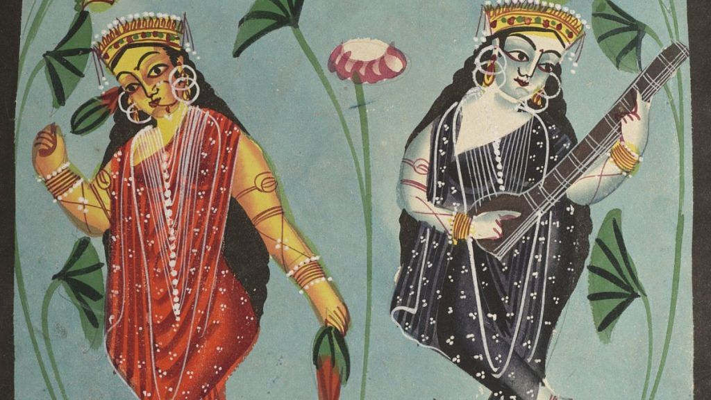 Lakshmi and Sarasvati, Calcutta, Undivided Bengal, India, c. 1890, Watercolour, graphite, ink, and tin on paper. Image courtesy of Cleveland Museum of Art.