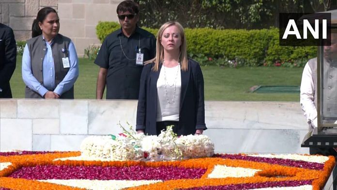 Italian PM Giorgia Meloni lays a wreath and pays tribute at Rajghat, Delhi | ANI