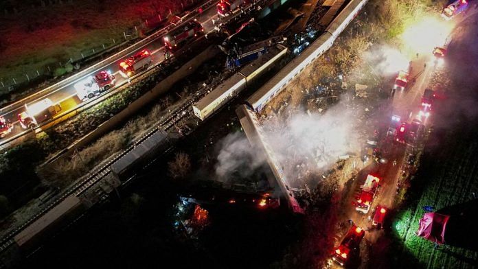 The site of a crash, where two trains collided, is seen near the city of Larissa, Greece, March 1, 2023. REUTERS/Yiannis Floulis/File Photo