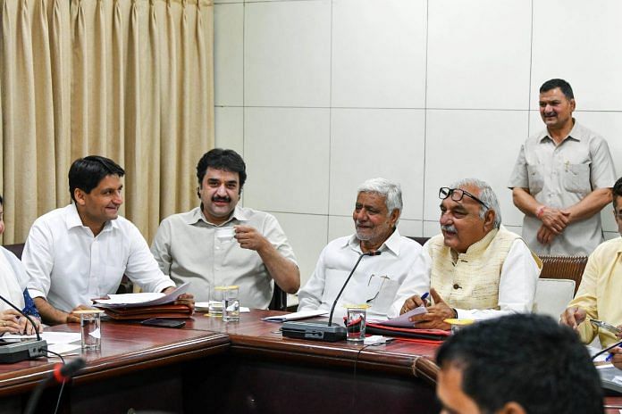 File photo of LoP in Haryana assembly Bhupinder Singh Hooda with his son and Congress Rajya Sabha MP Deepender Singh Hooda during a legislature party meeting in New Delhi | ANI