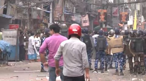 Heavy presence of security personnel in Shibpur area of Howrah where violence broke out on 31 March 2023, a day after arson during Ram Navami celebrations | Photo: Twitter/@ANI