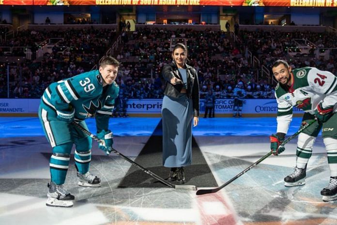 Huma Qureshi drops the puck for the match | Twitter: @SanJoseSharks