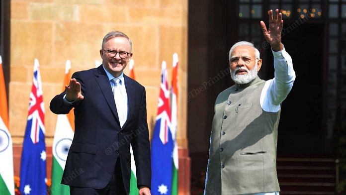 Prime Minister Narendra Modi with Australian Prime Minister Anthony Albanene at the ceremonial reception at Rastrapati Bhawan and Singing agreement at Hyderabad House on 10 March, 2023 | ThePrint/Praveen Jain