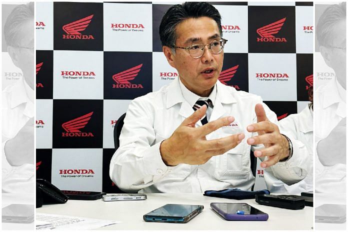 Honda Motorcycle & Scooter India Managing Director, President and CEO Atsushi Ogata addressing media in Manesar Wednesday| Photo by special arrangement