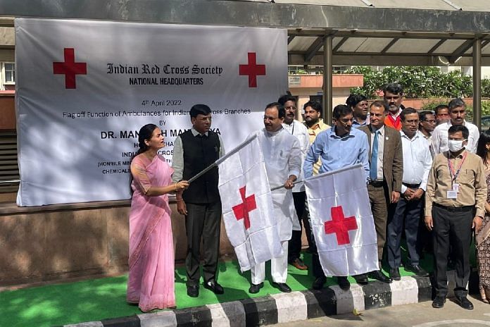 File photo of Union Health Minister Mansukh Mandaviya flagging off ambulances for Indian Red Cross Society | Courtesy: indianredcross.org
