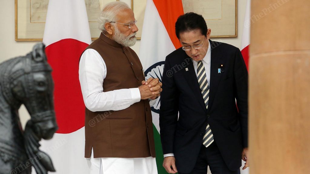 Japanese Prime Minister Fumio Kishida listens to his Indian counterpart Narendra Modi at Delhi's Hyderabad House, where the two met for a bilateral meeting Monday | Photo: Praveen Jain | ThePrint