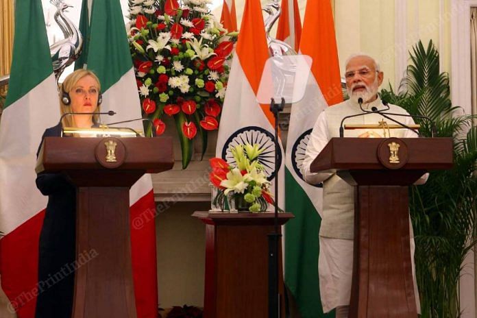 Italian PM Giorgia Meloni with PM Narendra Modi in New Delhi Thursday | Photo: Praveen Jain | ThePrint