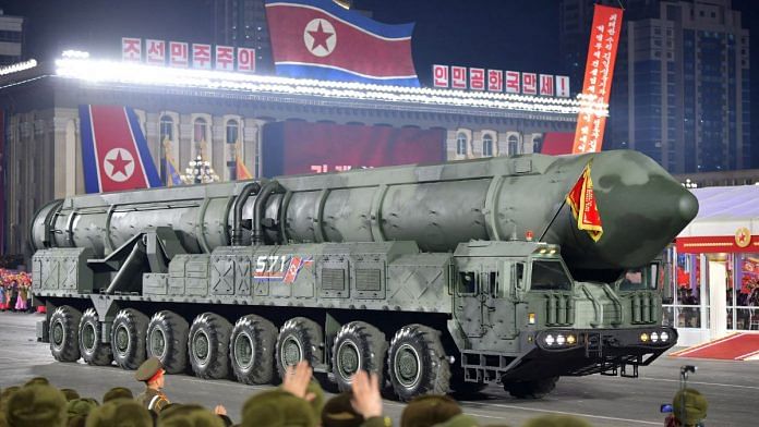 FILE PHOTO: A missile is displayed during a military parade to mark the 75th founding anniversary of North Korea's army, at Kim Il Sung Square in Pyongyang, North Korea February 8, 2023, in this photo released by North Korea's Korean Central News Agency (KCNA). KCNA via REUTERS