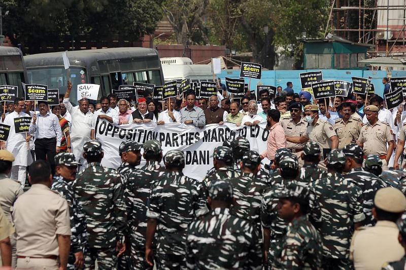 Opposition leaders' march from Parliament to ED office on Adani issue in New Delhi Wednesday | Photo: Suraj Singh Bisht, ThePrint