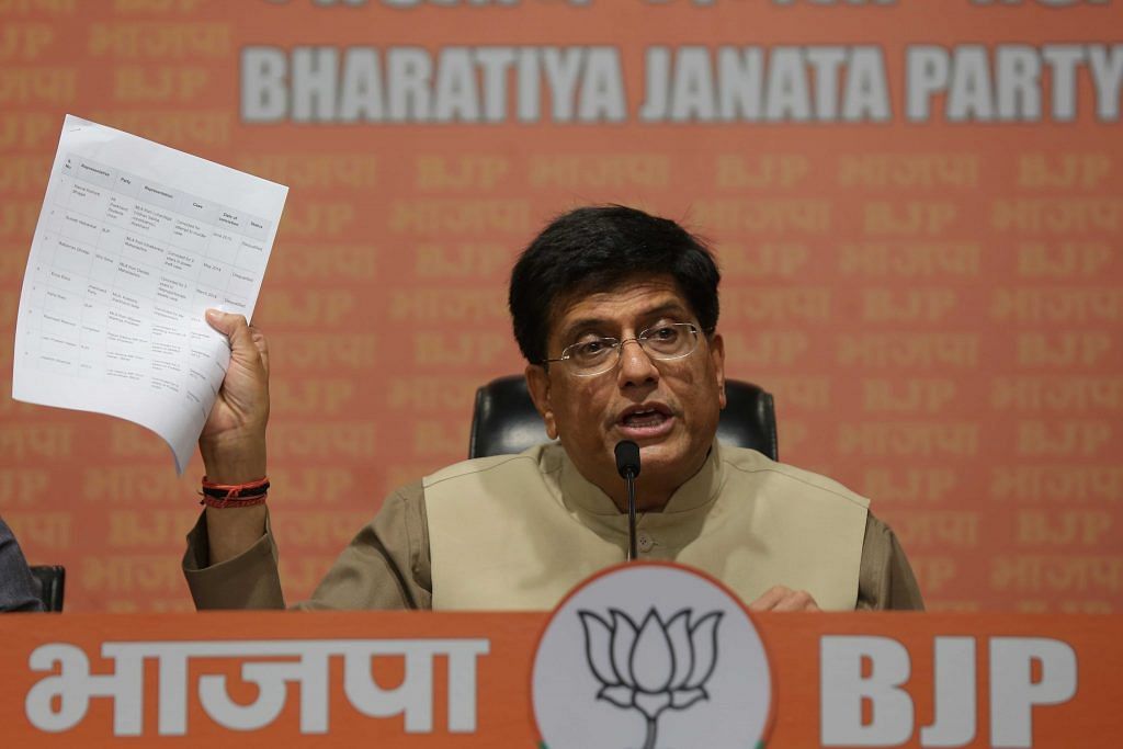 Union Minister Piyush Goyal addresses a press conference at BJP headquarters in New Delhi on 27 March 2023