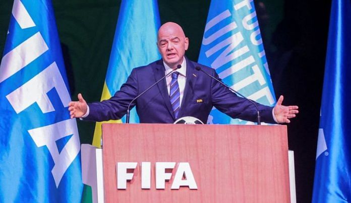 FIFA President Gianni Infantino addresses the 73rd FIFA Congress at the BK Arena in Kigali, Rwanda, on 16 March 2023 | Reuters