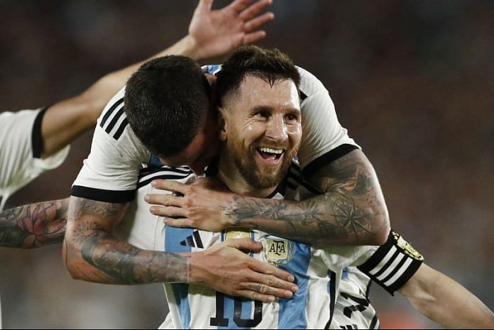 Argentina's Lionel Messi celebrates scoring their second goal with teammates in Buenos Aires, Argentina | Reuters