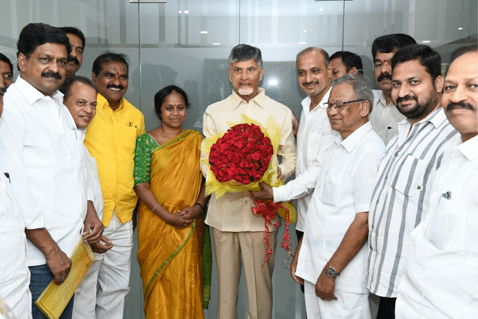 TDP’s winning candidate and MLC Panchumarthi Anuradha with party chief Chandrababu Naidu in Andhra Pradesh | By special arrangement