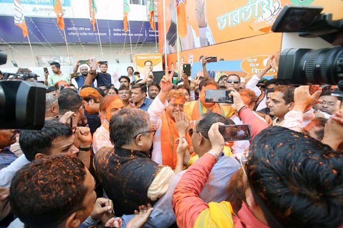 Tripura CM Manik Saha celebrating his victory in the Tripura Assembly Elections from Town Bardowali constituency, Agartala, Thursday | ANI