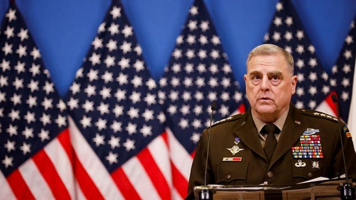File photo of US Chairman of the Joint Chiefs of Staff General Mark A. Milley speaks during a news conference with U.S. Secretary of Defense Lloyd Austin (not pictured), on the day of the NATO defence ministers' meeting at the Alliance's headquarters in Brussels, Belgium, 14 February 2023 | Reuters/Johanna Geron