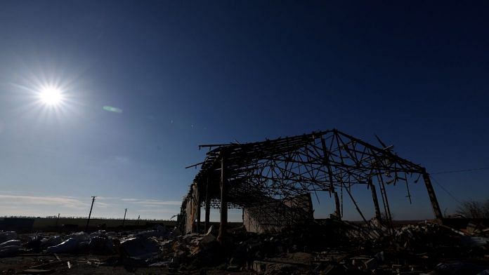 A general view of the destroyed barn of grain farmer Andrii Povod, amid Russia's invasion of Ukraine, in Bilozerka, Kherson region, Ukraine, February 20, 2023. REUTERS/Lisi Niesner