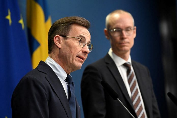 Swedish PM Ulf Kristersson and Oscar Stenstrom, ambassador in the cabinet preparation & chief negotiator in the NATO process, hold a news conference in Stockholm, on 14 March 2023 | Fredrik Sandberg/TT News Agency/via Reuters