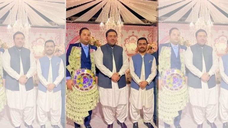 This Pakistani groom needs no IMF bailout. He wore a dollar garland on his wedding