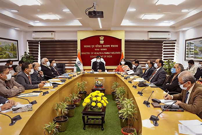 File photo of Union health minister Mansukh Mandaviya with senior officials of his ministry at a meeting | PTI