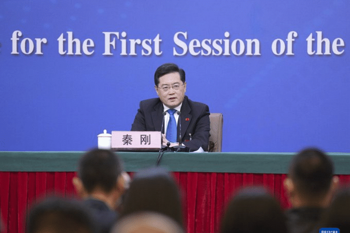 Chinese Foreign Minister Qin Gang addresses media in his maiden press conference in Beijing on Tuesday | Twitter | @CGMeifangZhang