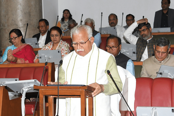 Chief Minister Manohar Lal Khattar reading out the Budget | ANI