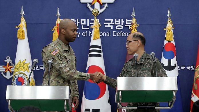 Col. Isaac Taylor of the United Nations Command (UNC), Combined Forces Command (CFC), and United States Forces Korea (USFK) and Col. Lee Sung-jun of South Korea's Joint Chiefs of Staff attend the press briefing of 2023 Freedom Shield Exercise at the Defense Ministry on Friday in Seoul, South Korea | Reuters