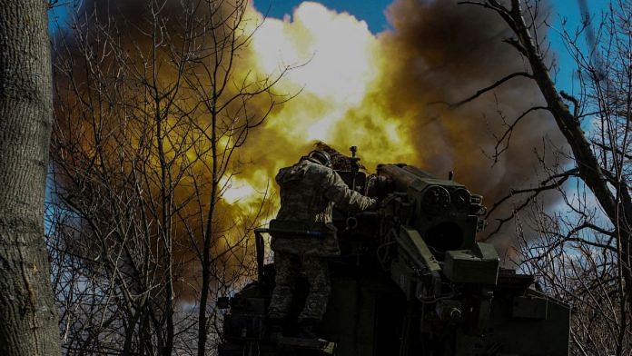 Ukrainian servicemen fire a 2S5 Giatsint-S self-propelled howitzer towards Russian troops outside the frontline town of Bakhmut, amid Russia's attack on Ukraine, in Donetsk region, Ukraine on Sunday | Reuters