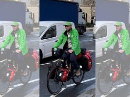 Rens Goede, gardener from Amsterdam, begins his 30,000 km (18,640 mile) bicycle trek from London to India in support of the "Save Soil" movement, in London on 22 March, 2023 | Reuters